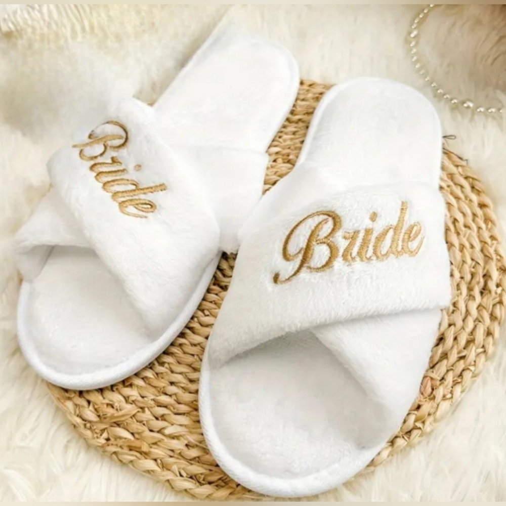 New, Bride slippers white gold embroidered womens one size fits most wedding